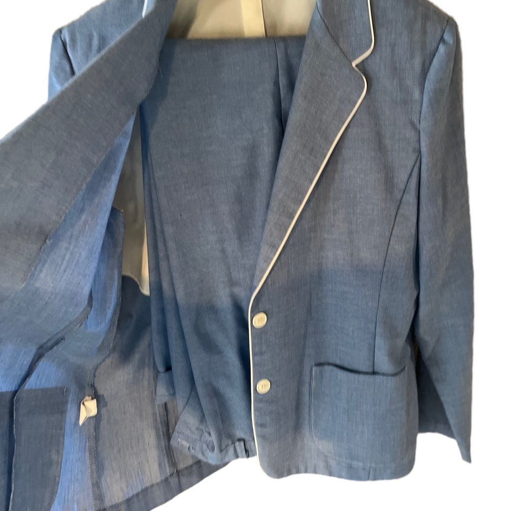 Russ Sz 18 Jacket and Pants Lite cotton lt blue with white piping edges vintage - Picture 2 of 8